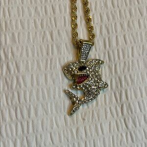 Gold tone and cz Shark Pendant Necklace 24” rope chain